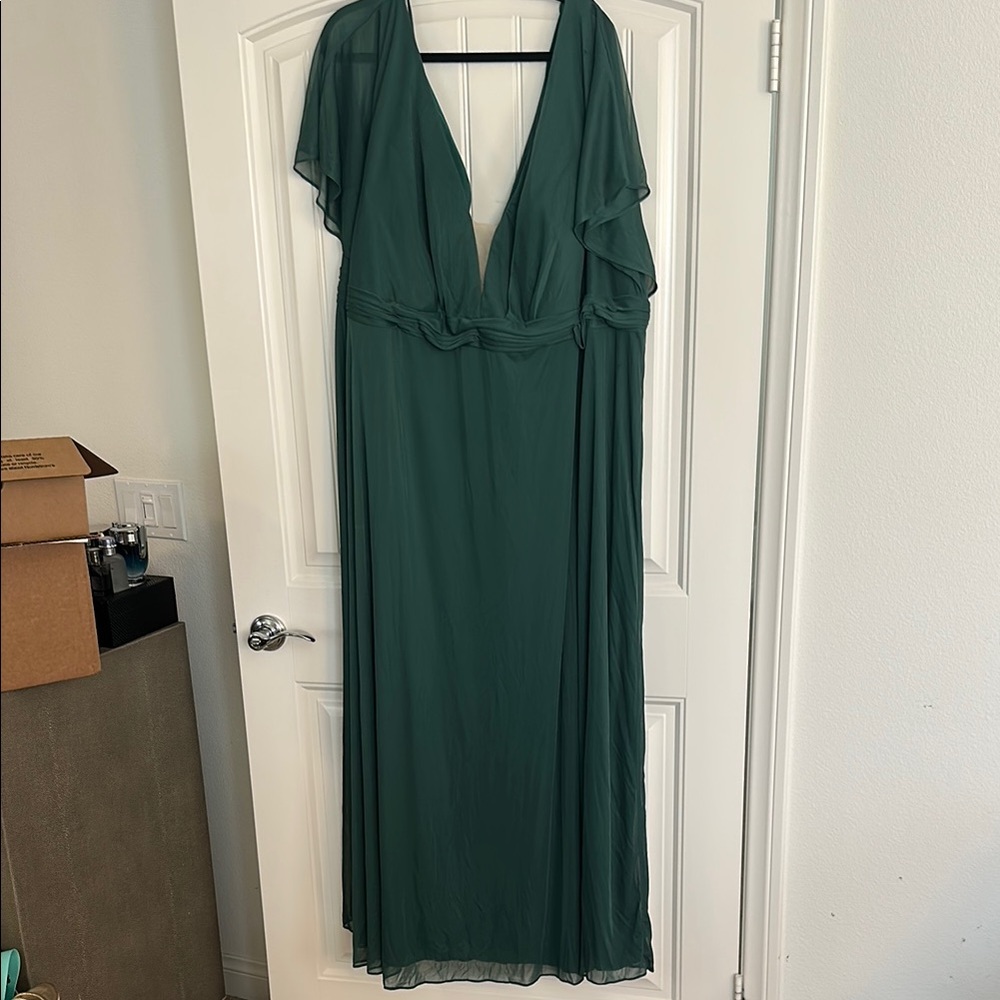 Azazie Green Ruffled Wrap Gown with Flutter Sleeves